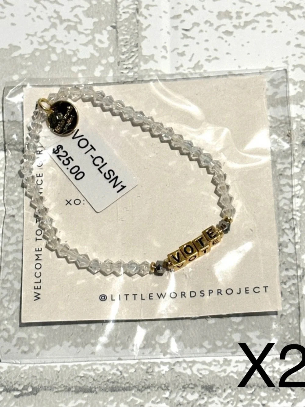TWO Little Words Project VOTE Gold Beads and Clear Beaded Bracelet NEW